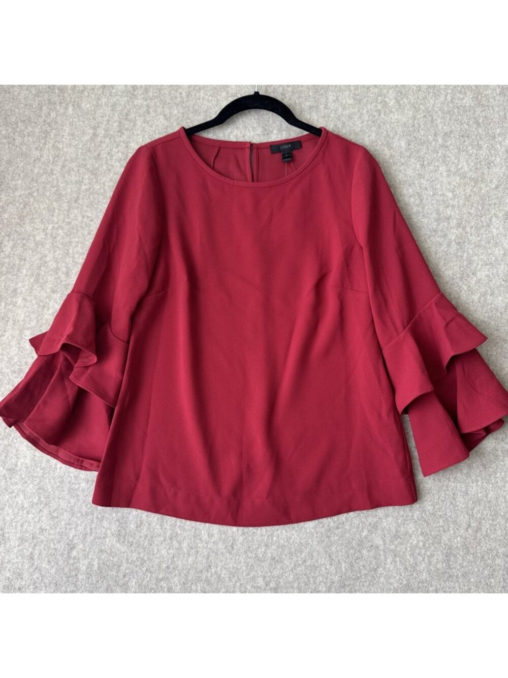 J Crew Tiered Bell Sleeve Top Drapey Crepe Womens 0 Raspberry Ruffle Blouse NWT